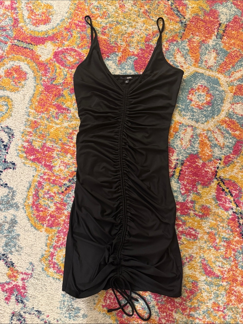 Fashion Nova Black Ruched Tie-Front Slip Mini Dress